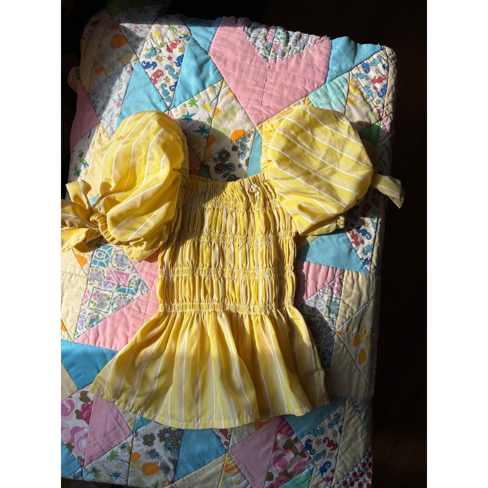 Habitual Peplum Top Kids Size 6 Yellow Striped Smocked Puff Sleeve Tie Detail
